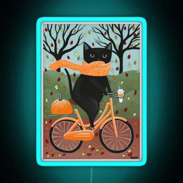 Black Cat Autumn Bicycle Ride RGB Neon Sign