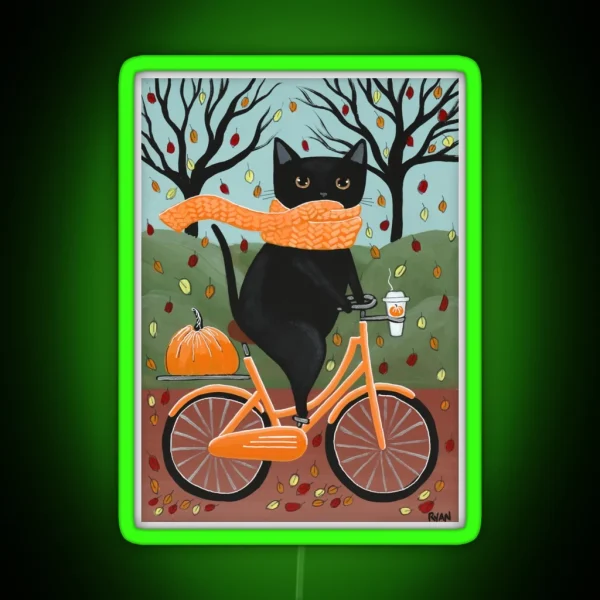 Black Cat Autumn Bicycle Ride RGB Neon Sign
