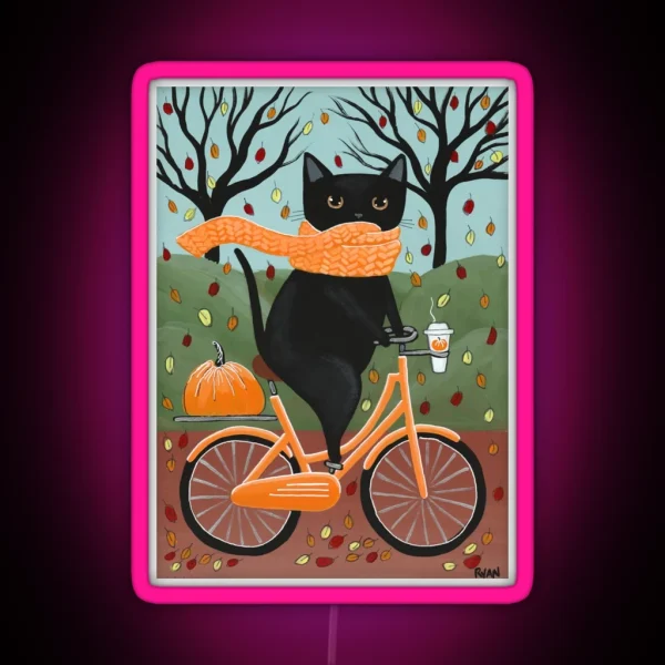 Black Cat Autumn Bicycle Ride RGB Neon Sign