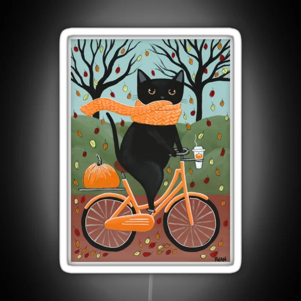 Black Cat Autumn Bicycle Ride RGB Neon Sign