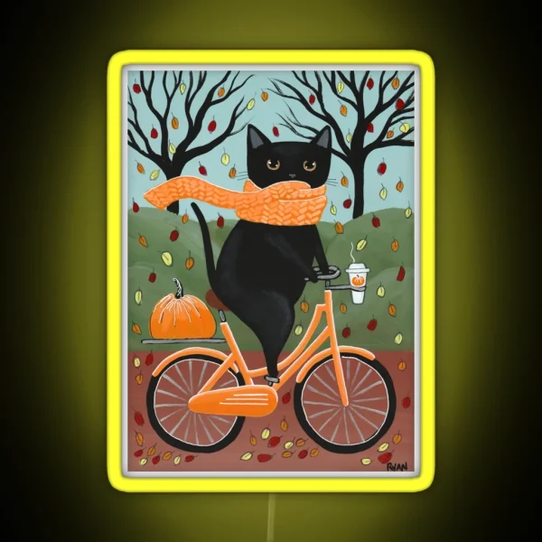 Black Cat Autumn Bicycle Ride RGB Neon Sign