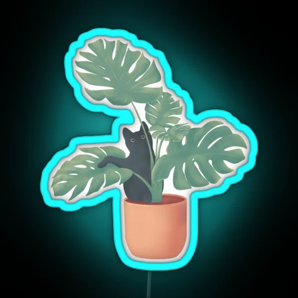 Black Cat In Monstera RGB Neon Sign
