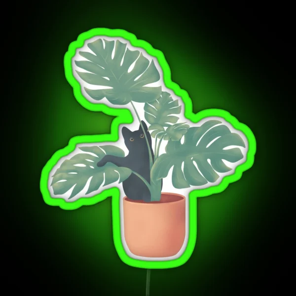 Black Cat In Monstera RGB Neon Sign