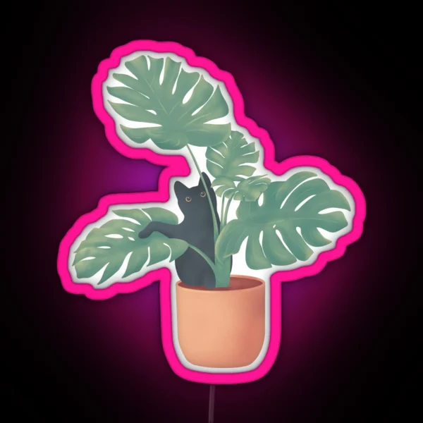Black Cat In Monstera RGB Neon Sign