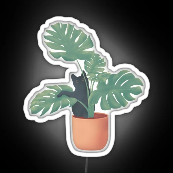 Black Cat In Monstera RGB Neon Sign
