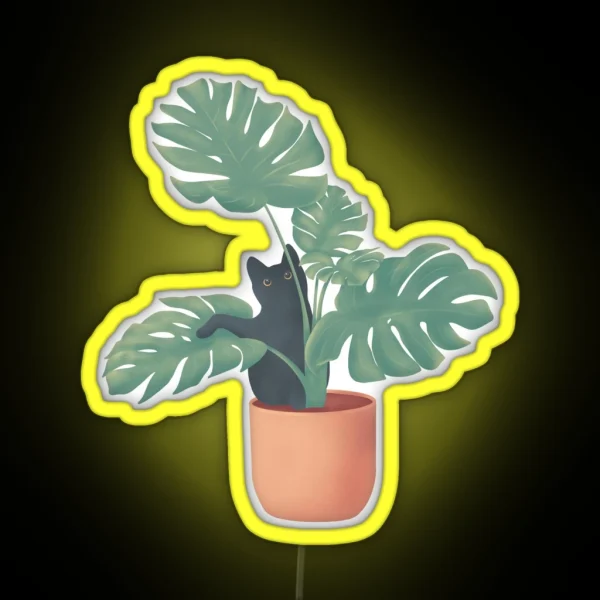 Black Cat In Monstera RGB Neon Sign