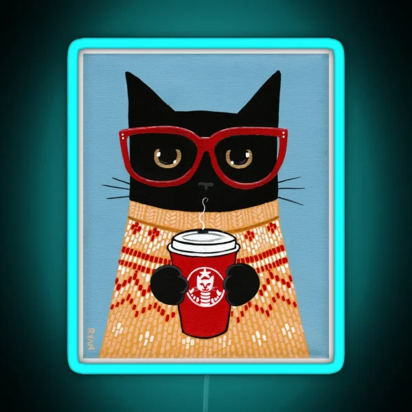 Black Cat In Sweater With Latte RGB Neon Sign