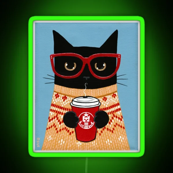 Black Cat In Sweater With Latte RGB Neon Sign