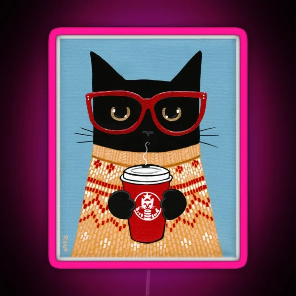Black Cat In Sweater With Latte RGB Neon Sign