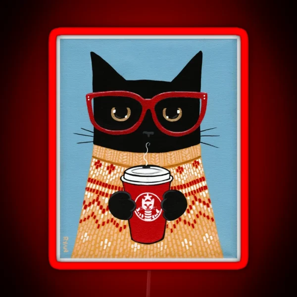 Black Cat In Sweater With Latte RGB Neon Sign