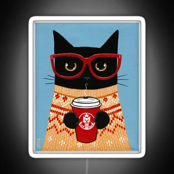 Black Cat In Sweater With Latte RGB Neon Sign