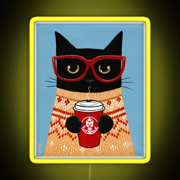 Black Cat In Sweater With Latte RGB Neon Sign