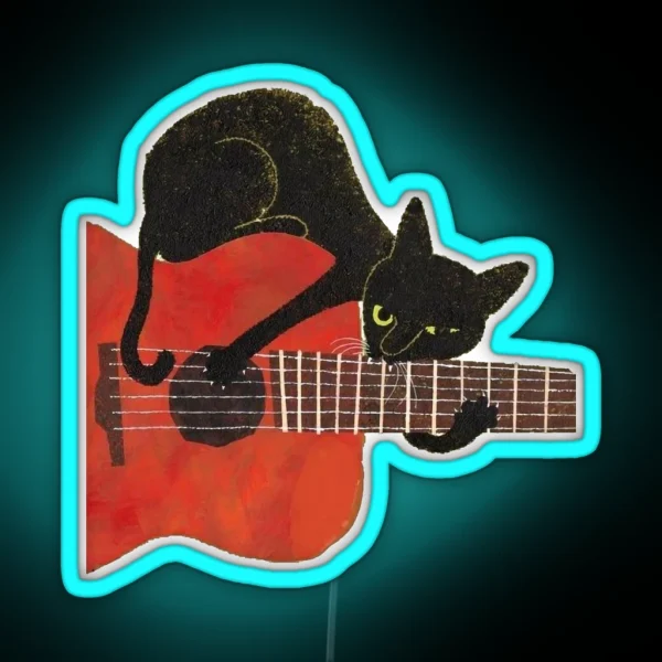 Black Cat Love Music Playing With Guitar Drawing RGB Neon Sign