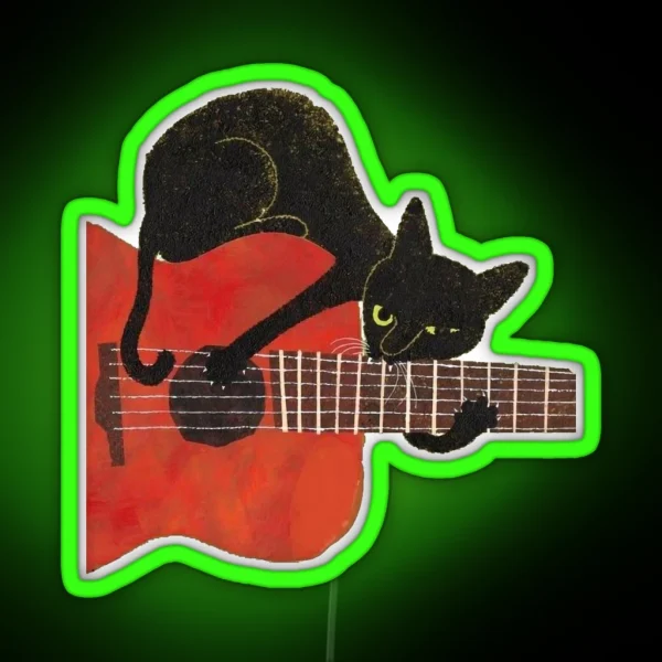 Black Cat Love Music Playing With Guitar Drawing RGB Neon Sign