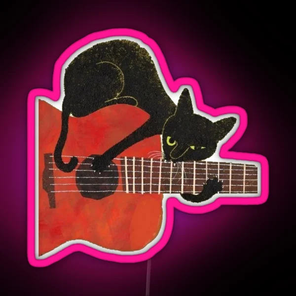 Black Cat Love Music Playing With Guitar Drawing RGB Neon Sign