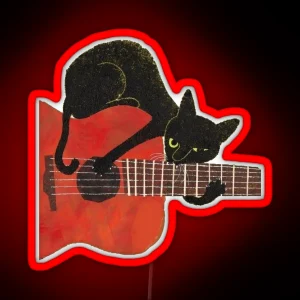 Black Cat Love Music Playing With Guitar Drawing RGB Neon Sign