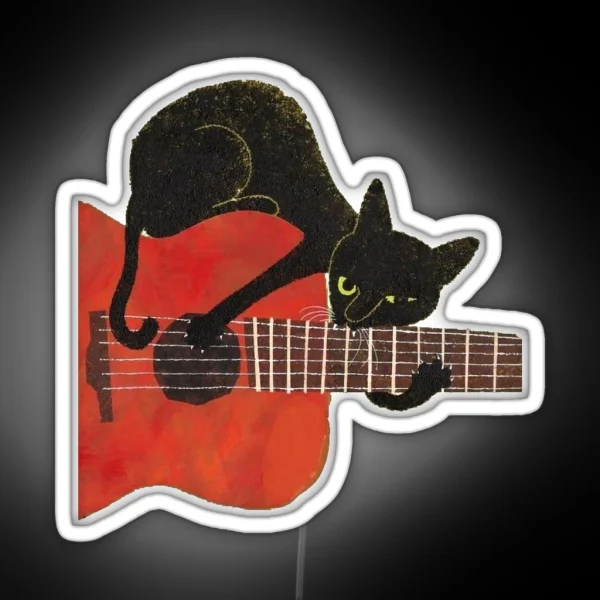 Black Cat Love Music Playing With Guitar Drawing RGB Neon Sign