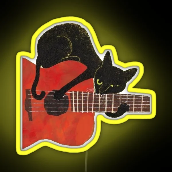 Black Cat Love Music Playing With Guitar Drawing RGB Neon Sign