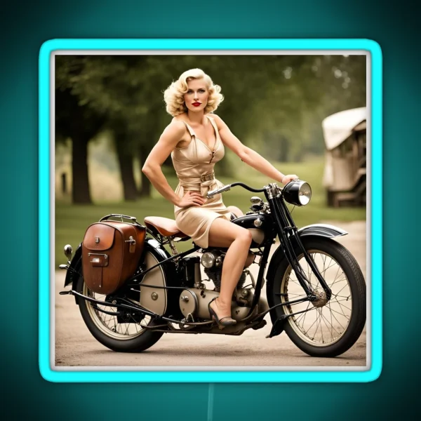 Blonde On A Vintage Motocycle RGB Neon Sign