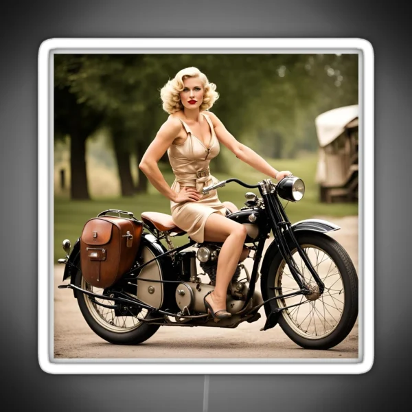 Blonde On A Vintage Motocycle RGB Neon Sign