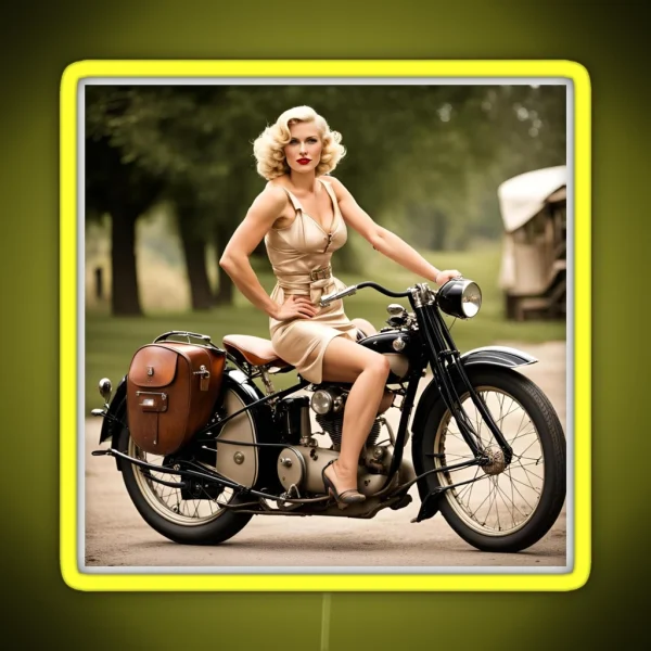 Blonde On A Vintage Motocycle RGB Neon Sign