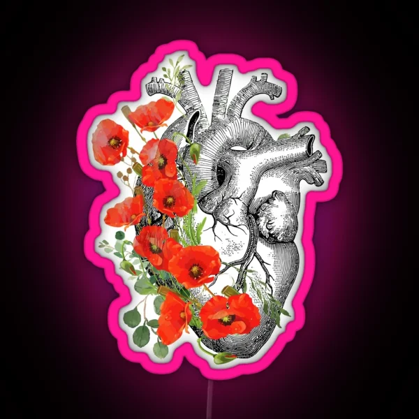 Bloom Floral Heart Human Anatomy Red Poppies And Cute RGB Neon Sign