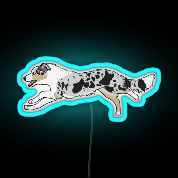 Blue Merle Tri Border Collie Running RGB Neon Sign