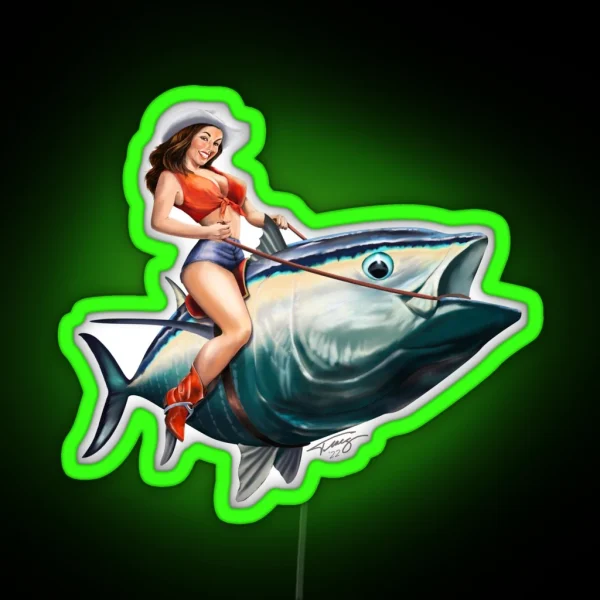 Bluefin Tuna Rider Fishing Pinup Girl RGB Neon Sign