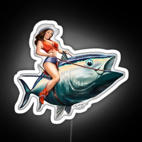 Bluefin Tuna Rider Fishing Pinup Girl RGB Neon Sign