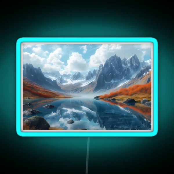 Breathtaking Autumn Mountain Lake With Snowy Peaks RGB Neon Sign