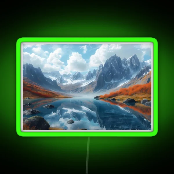Breathtaking Autumn Mountain Lake With Snowy Peaks RGB Neon Sign