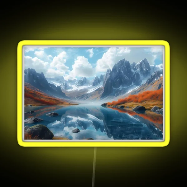 Breathtaking Autumn Mountain Lake With Snowy Peaks RGB Neon Sign