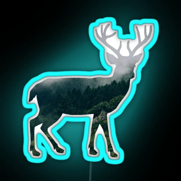 Buck Deer With Misty Evergreen Forest Woods Silhouette RGB Neon Sign