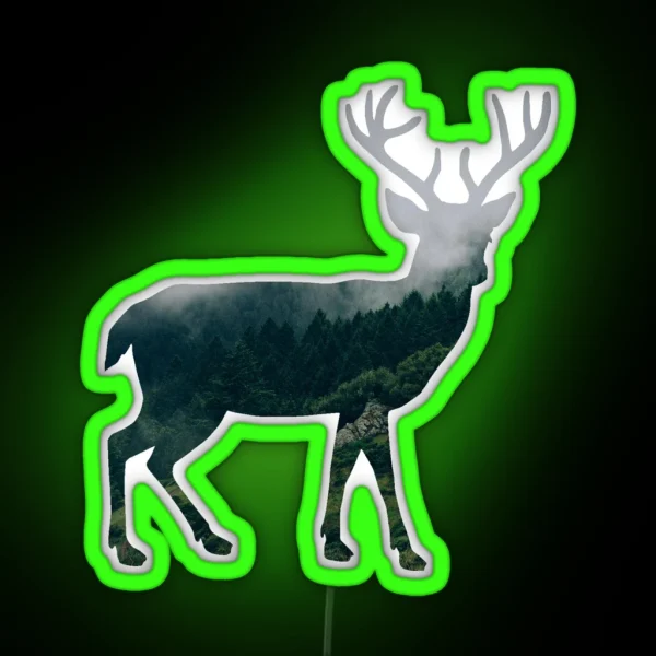 Buck Deer With Misty Evergreen Forest Woods Silhouette RGB Neon Sign