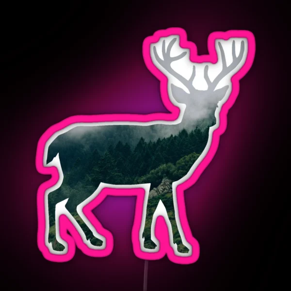 Buck Deer With Misty Evergreen Forest Woods Silhouette RGB Neon Sign