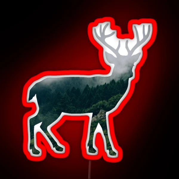 Buck Deer With Misty Evergreen Forest Woods Silhouette RGB Neon Sign
