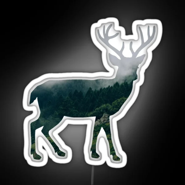 Buck Deer With Misty Evergreen Forest Woods Silhouette RGB Neon Sign