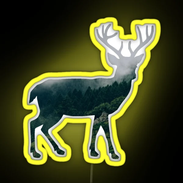 Buck Deer With Misty Evergreen Forest Woods Silhouette RGB Neon Sign