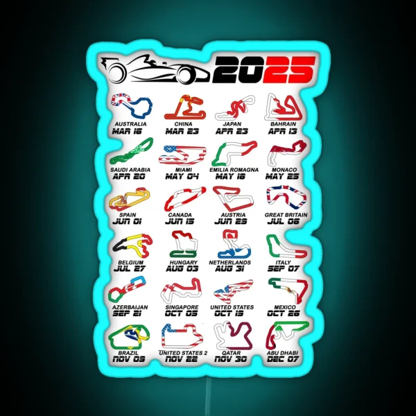 Calendar Formula Race Cars 2025 Circuits Colors White RGB Neon Sign