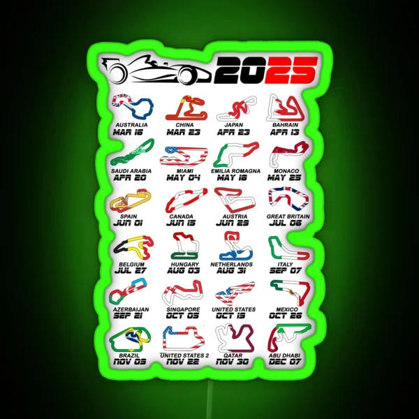 Calendar Formula Race Cars 2025 Circuits Colors White RGB Neon Sign