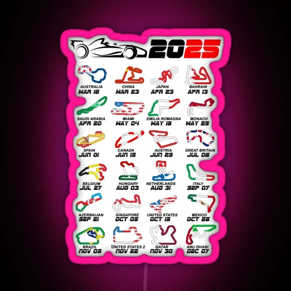 Calendar Formula Race Cars 2025 Circuits Colors White RGB Neon Sign
