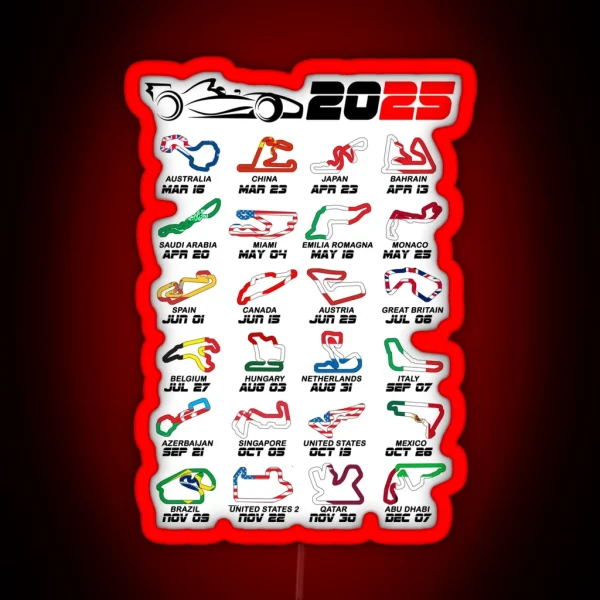 Calendar Formula Race Cars 2025 Circuits Colors White RGB Neon Sign