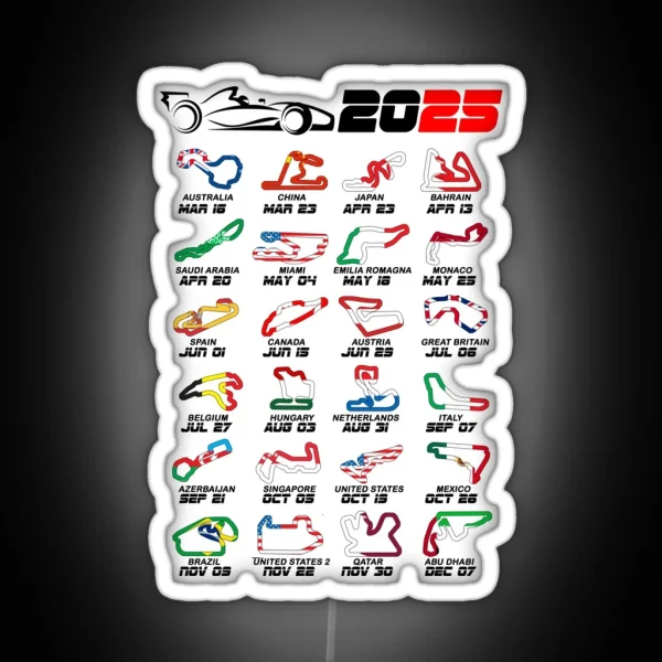 Calendar Formula Race Cars 2025 Circuits Colors White RGB Neon Sign