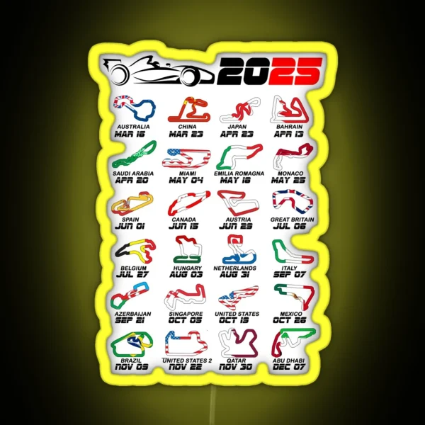Calendar Formula Race Cars 2025 Circuits Colors White RGB Neon Sign