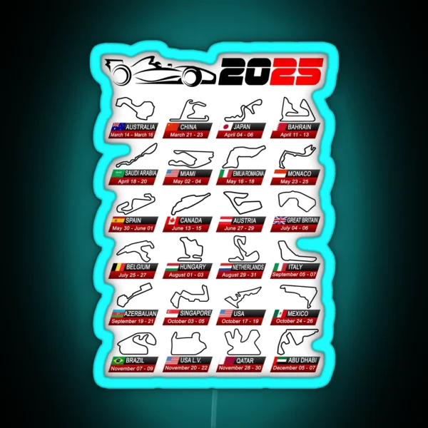 Calendar Formula Race Cars 2025 Circuits Sport White RGB Neon Sign