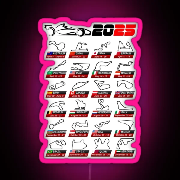 Calendar Formula Race Cars 2025 Circuits Sport White RGB Neon Sign