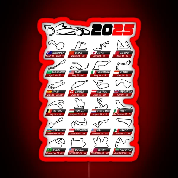 Calendar Formula Race Cars 2025 Circuits Sport White RGB Neon Sign