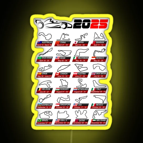 Calendar Formula Race Cars 2025 Circuits Sport White RGB Neon Sign
