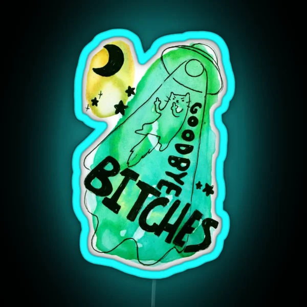 Cat Alien Abduction Goodbye Bitches RGB Neon Sign