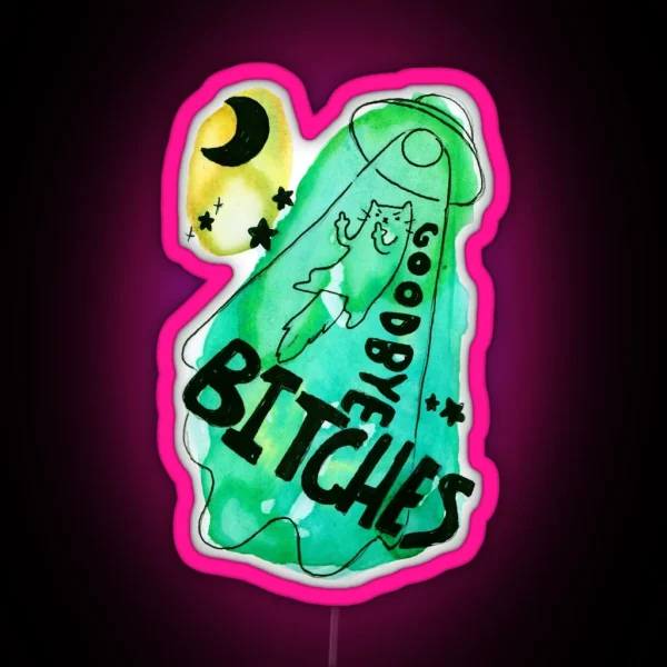 Cat Alien Abduction Goodbye Bitches RGB Neon Sign